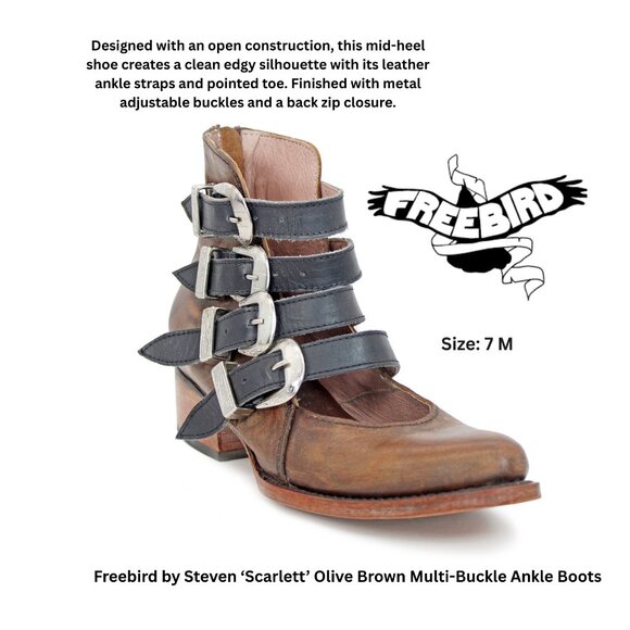Freebird by Steven ‘Scarlett’ Olive Brown Multi-Buckle Ankle Boots: Size 7 M - Picture 1 of 9